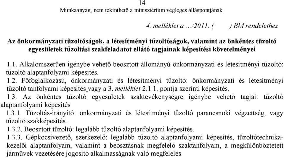 1. Alkalomszerűen igénybe vehető beosztott állományú önkormányzati és létesítményi tűzoltó: tűzoltó alaptanfolyami képesítés. 1.2.