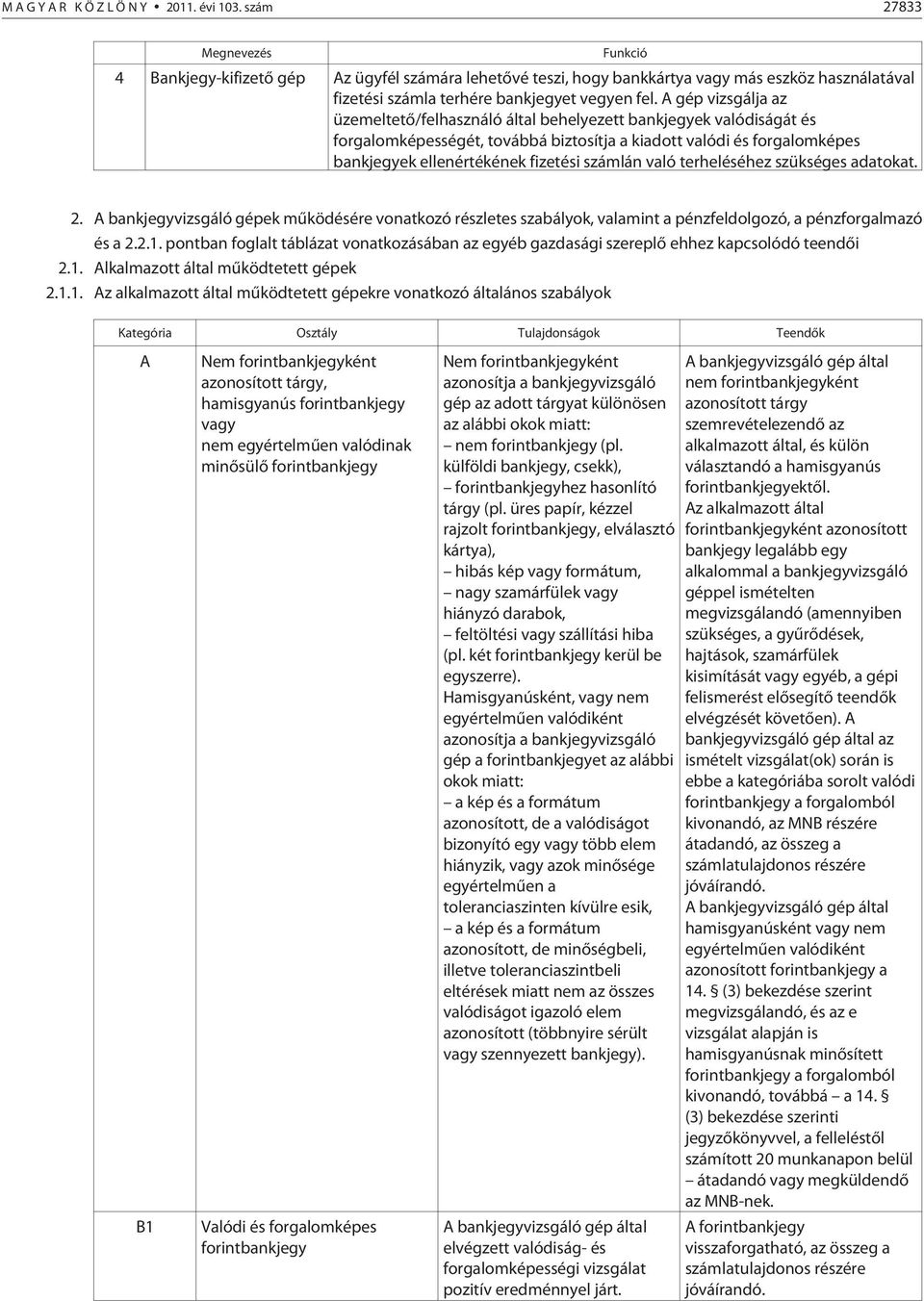 A gép vizsgálja az üzemeltetõ/felhasználó által behelyezett bankjegyek valódiságát és forgalomképességét, továbbá biztosítja a kiadott valódi és forgalomképes bankjegyek ellenértékének fizetési