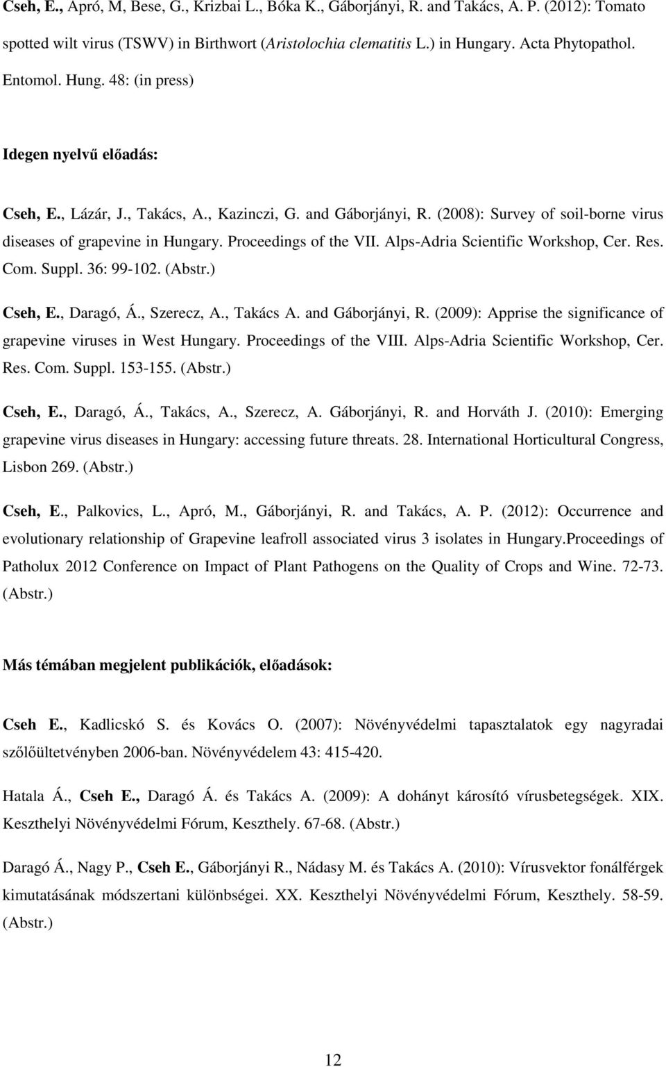 Proceedings of the VII. Alps-Adria Scientific Workshop, Cer. Res. Com. Suppl. 36: 99-102. (Abstr.) Cseh, E., Daragó, Á., Szerecz, A., Takács A. and Gáborjányi, R.