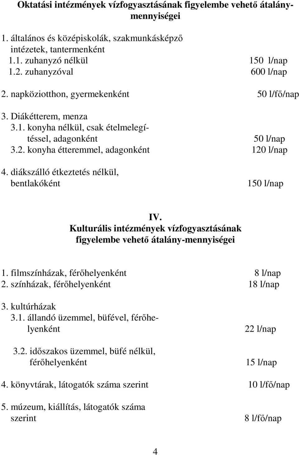 diákszálló étkeztetés nélkül, bentlakóként 150 l/nap IV. Kulturális intézmények vízfogyasztásának figyelembe vehetı átalány-mennyiségei 1. filmszínházak, férıhelyenként 8 l/nap 2.