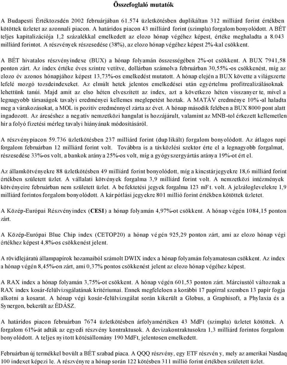 043 milliárd forintot. A részvények részesedése (38%), az elozo hónap végéhez képest 2%-kal csökkent. A BÉT hivatalos részvényindexe (BUX) a hónap folyamán összességében 2%-ot csökkent.