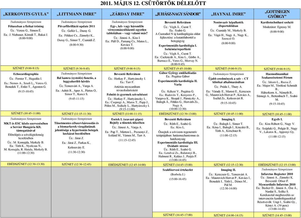 , Duray G., Simor T., Csanádi Z. (8:00-9:30) Bal kamra (systolés) functio, a leggyakoribb kérdés Üe.:Temesvári A., Varga A. Ea.: Asbót R., Apor A., Pártos O,. Simor T., Kancz S.