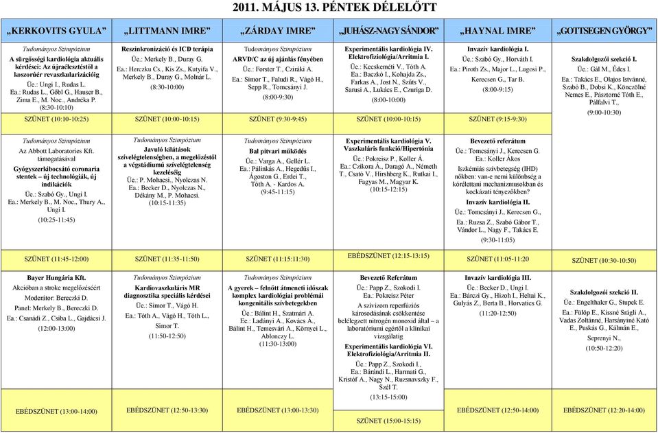 revaszkularizációig Üe.: Ungi I., Rudas L. Ea.: Rudas L., Gőbl G., Hauser B., Zima E., M. Noc., Andréka P. (8:30-10:10) Reszinkronizáció és ICD terápia Üe.: Merkely B., Duray G. Ea.: Herczku Cs.