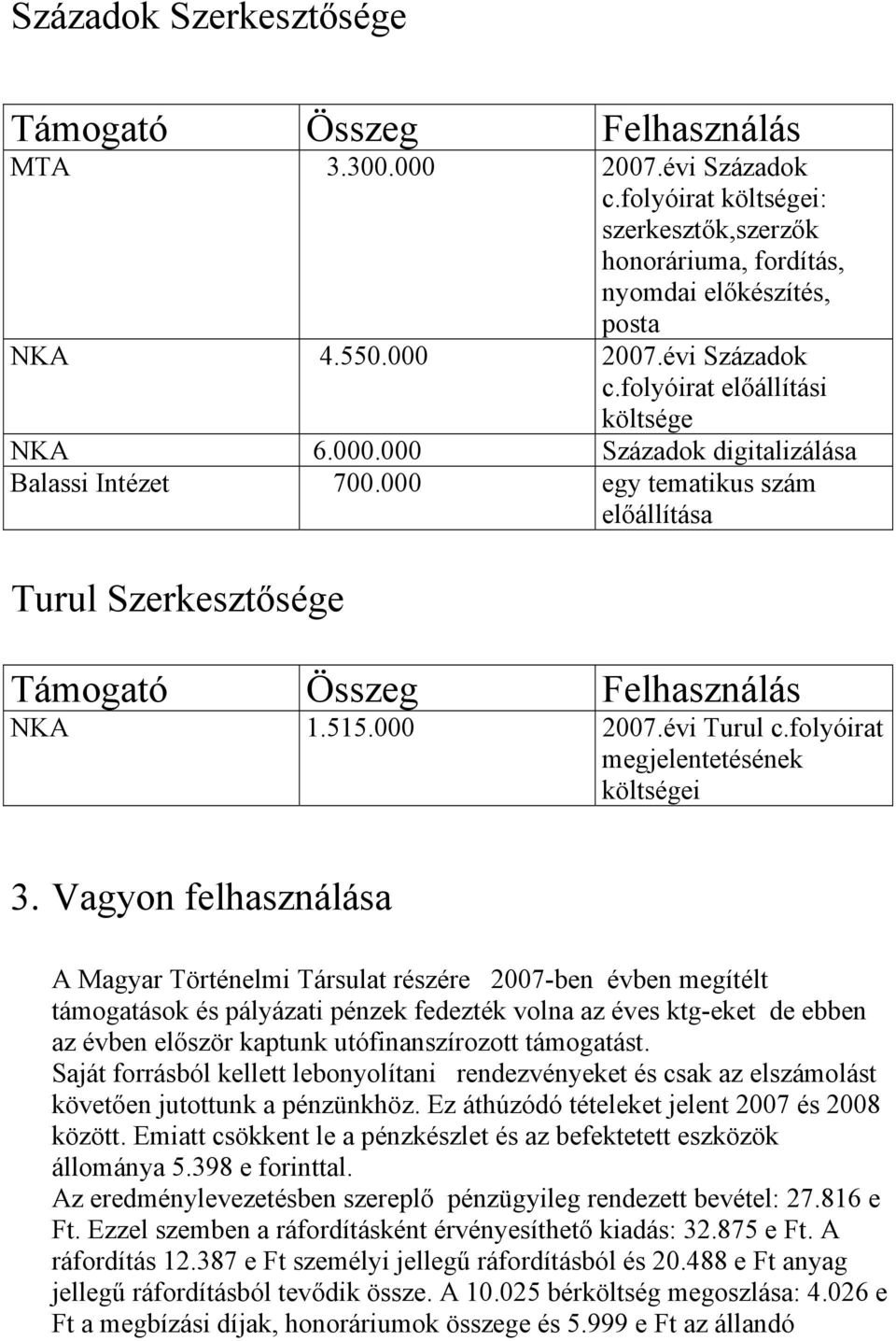 Vagyon felhasználása A Magyar Történelmi Társulat részére 2007-ben évben megítélt támogatások és pályázati pénzek fedezték volna az éves ktg-eket de ebben az évben először kaptunk utófinanszírozott