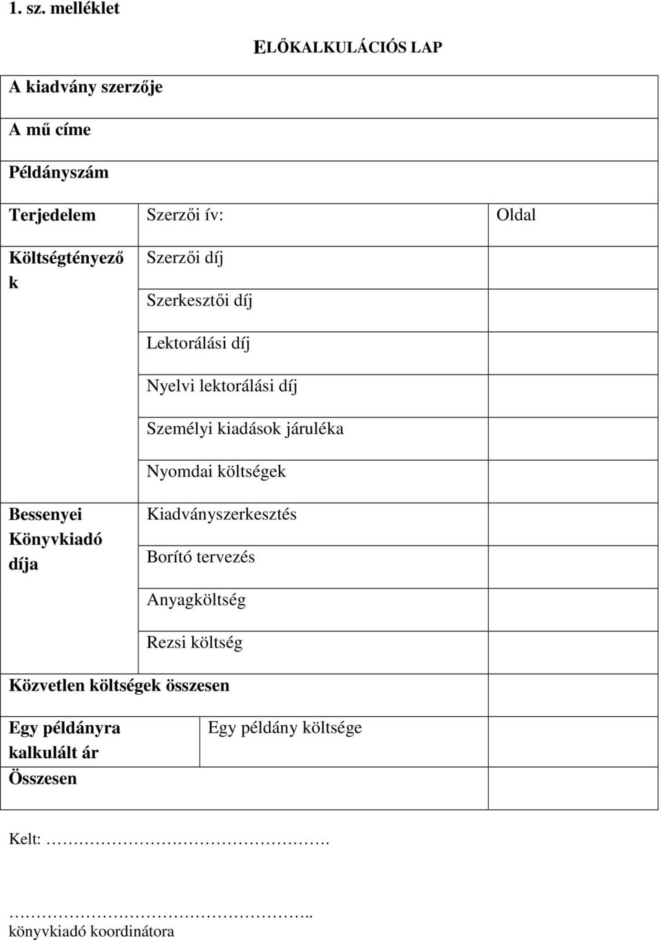 Költségtényező k Szerzői díj Szerkesztői díj Lektorálási díj Nyelvi lektorálási díj Személyi kiadások járuléka