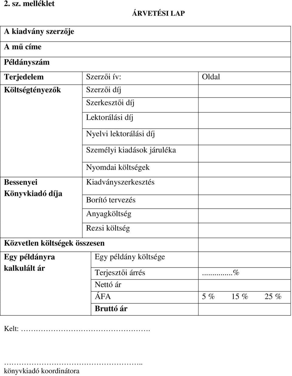 Szerkesztői díj Lektorálási díj Nyelvi lektorálási díj Személyi kiadások járuléka Nyomdai költségek Bessenyei Könyvkiadó