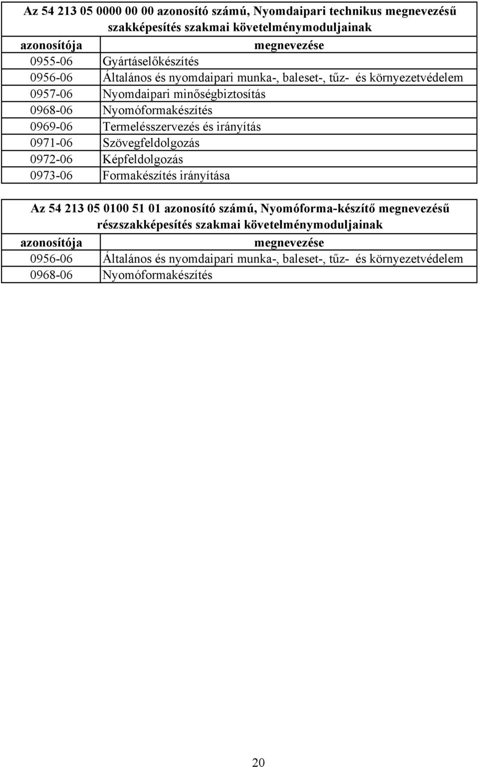 irányítás 0971-06 Szövegfeldolgozás 0972-06 Képfeldolgozás 0973-06 Formakészítés irányítása Az 54 213 05 0100 51 01 azonosító számú, Nyomóforma-készítő megnevezésű