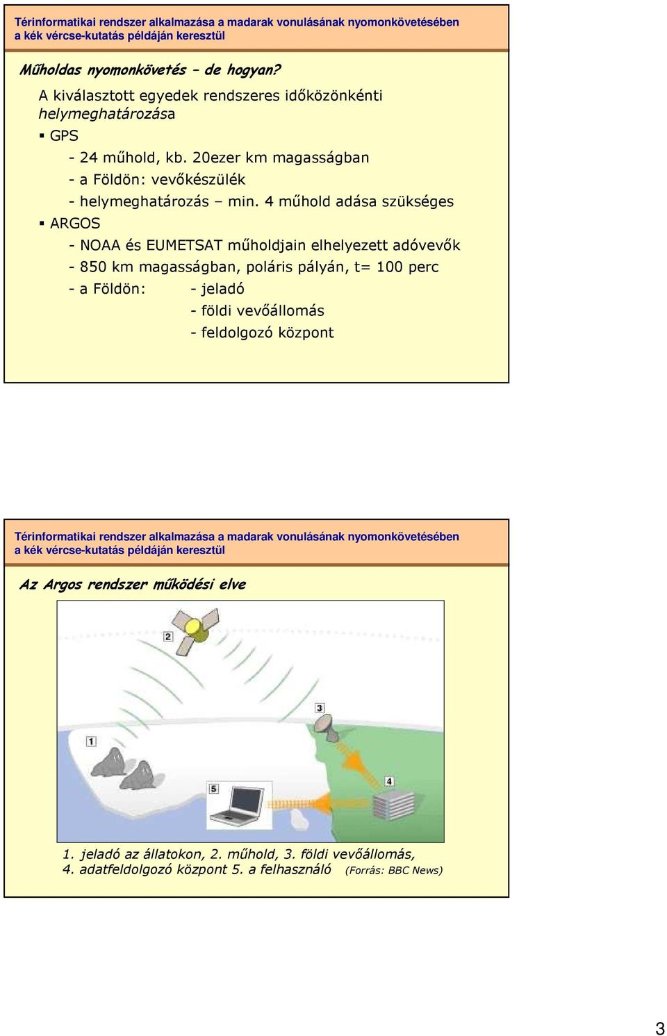 4 mőhold adása szükséges ARGOS - NOAA és EUMETSAT mőholdjain elhelyezett adóvevık - 850 km magasságban, poláris pályán, t= 100 perc -