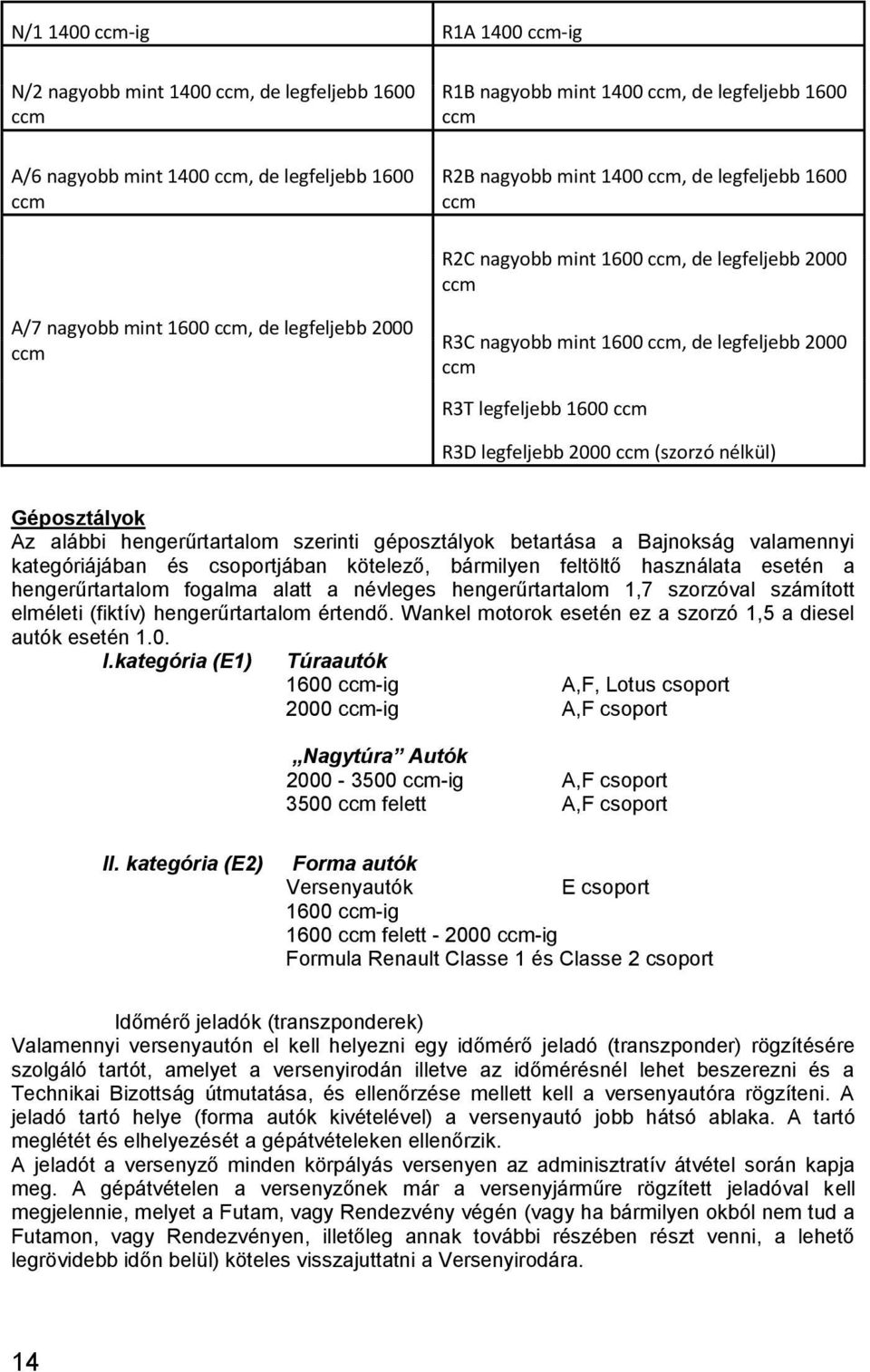 1600 ccm R3D legfeljebb 2000 ccm (szorzó nélkül) Géposztályok Az alábbi hengerűrtartalom szerinti géposztályok betartása a Bajnokság valamennyi kategóriájában és csoportjában kötelező, bármilyen