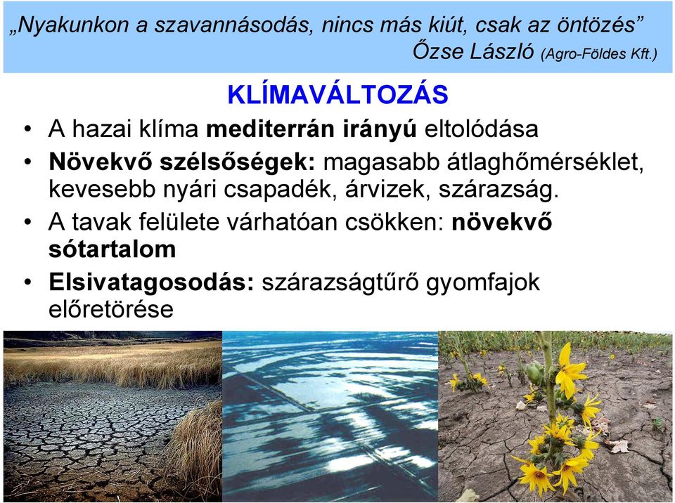 magasabb átlaghőmérséklet, kevesebb nyári csapadék, árvizek, szárazság.