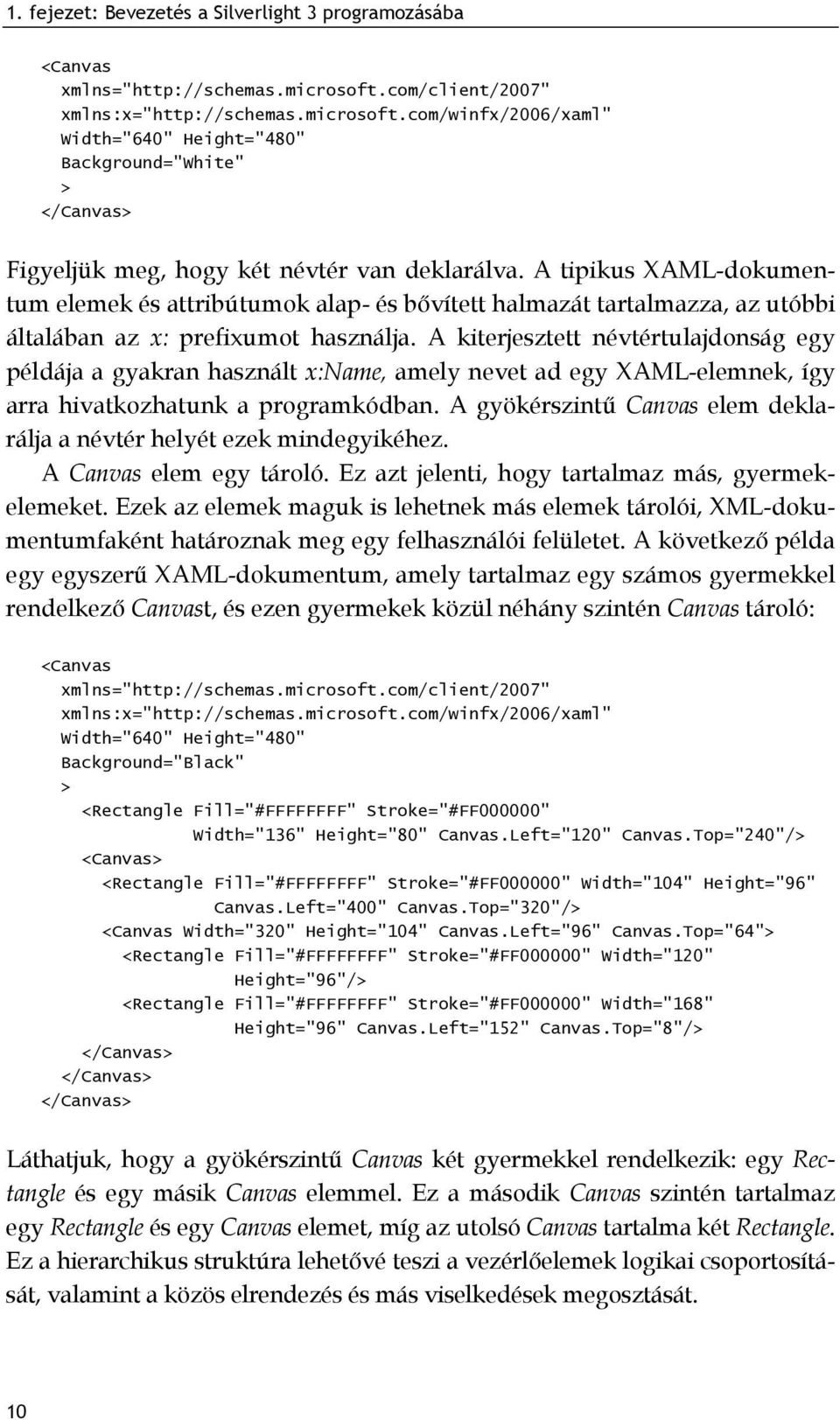 A tipikus XAML-dokumentum elemek és attribútumok alap- és bővített halmazát tartalmazza, az utóbbi általában az x: prefixumot használja.