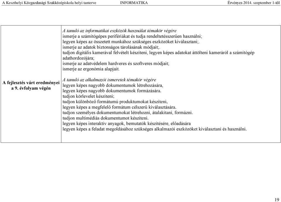 tudjon digitális kamerával felvételt készíteni, legyen képes adatokat áttölteni kameráról a számítógép adathordozójára; ismerje az adatvédelem hardveres és szoftveres módjait; ismerje az ergonómia
