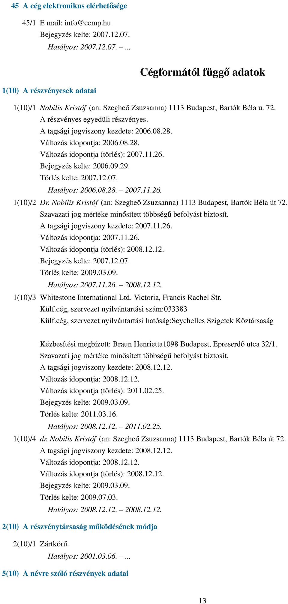 A tagsági jogviszony kezdete: 2006.08.28. Változás idopontja: 2006.08.28. Változás idopontja (törlés): 2007.11.26. Bejegyzés kelte: 2006.09.29. Hatályos: 2006.08.28. 2007.11.26. 1(10)/2 Dr.