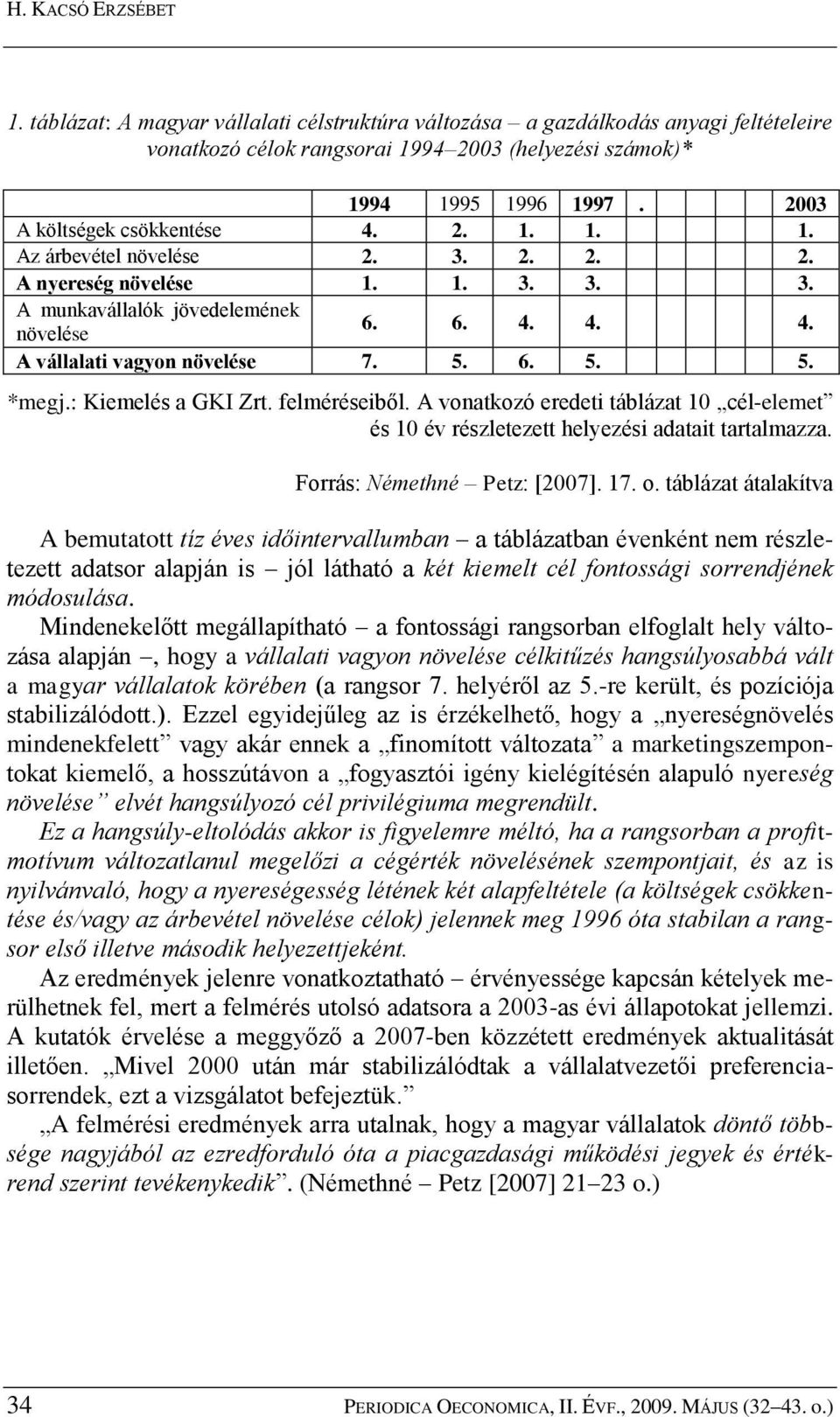 5. 6. 5. 5. *megj.: Kiemelés a GKI Zrt. felméréseiből. A vonatkozó eredeti táblázat 10 cél-elemet és 10 év részletezett helyezési adatait tartalmazza. Forrás: Némethné Petz: [2007]. 17. o.