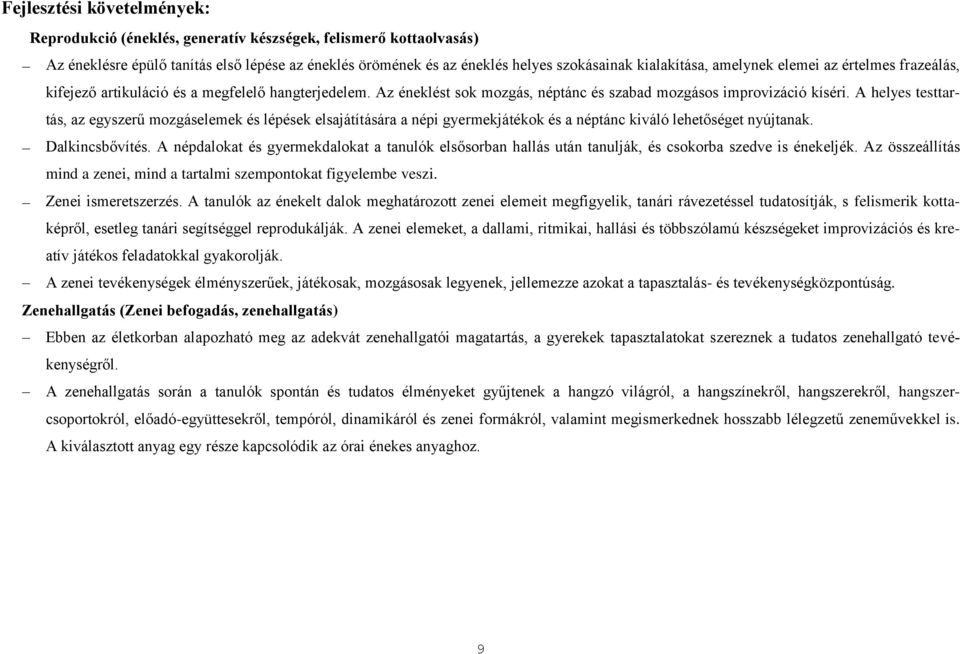 A helyes testtartás, az egyszerű mozgáselemek és lépések elsajátítására a népi gyermekjátékok és a néptánc kiváló lehetőséget nyújtanak. Dalkincsbővítés.