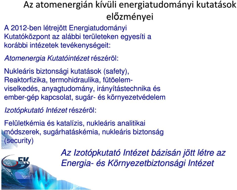 anyagtudomány, ny, irány nyítástechnika és ember-gép p kapcsolat, sugár- és s környezetvk rnyezetvédelem Izotópkutat pkutató Intézet részéről: Felületk letkémia és s katalízis, nukleáris