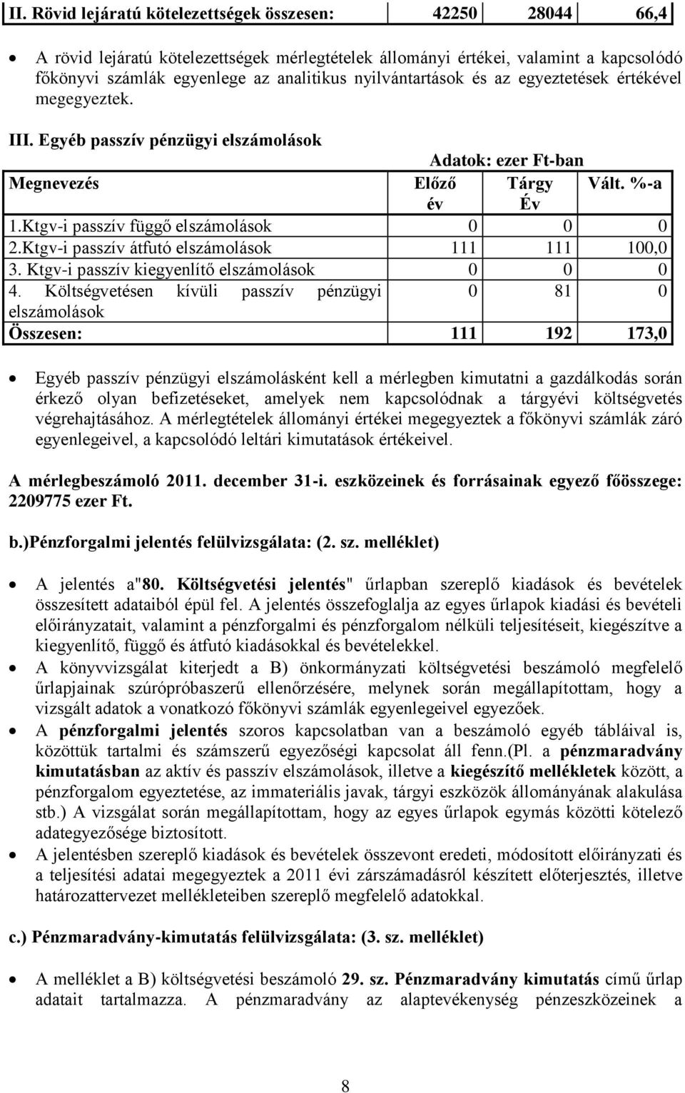Ktgv-i passzív átfutó elszámolások 111 111 100,0 3. Ktgv-i passzív kiegyenlítő elszámolások 0 0 0 4.