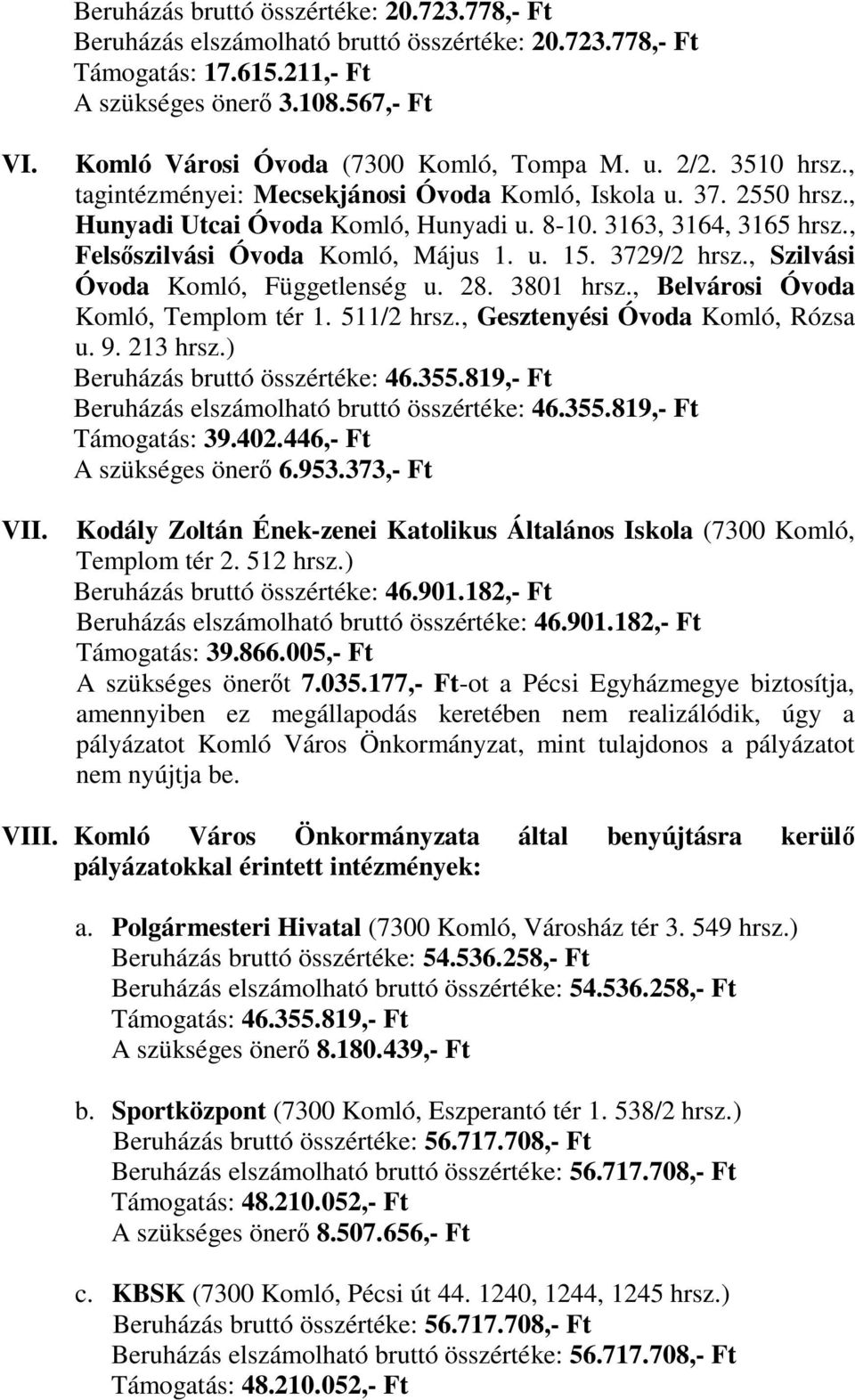 , Felsőszilvási Óvoda Komló, Május 1. u. 15. 3729/2 hrsz., Szilvási Óvoda Komló, Függetlenség u. 28. 3801 hrsz., Belvárosi Óvoda Komló, Templom tér 1. 511/2 hrsz., Gesztenyési Óvoda Komló, Rózsa u. 9.