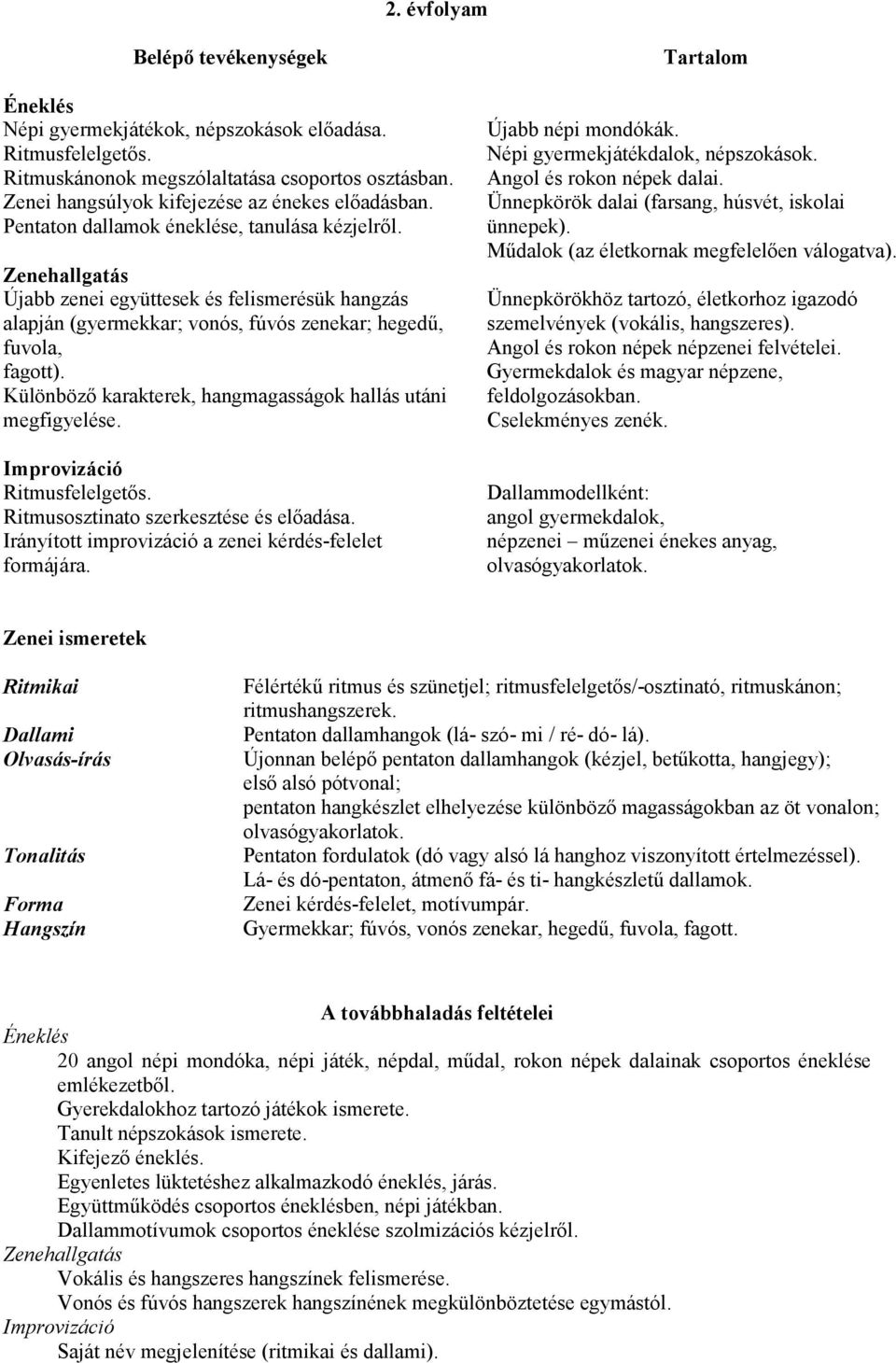 Különbözı karakterek, hangmagasságok hallás utáni megfigyelése. Ritmusfelelgetıs. Ritmusosztinato szerkesztése és elıadása. Irányított improvizáció a zenei kérdés-felelet formájára.