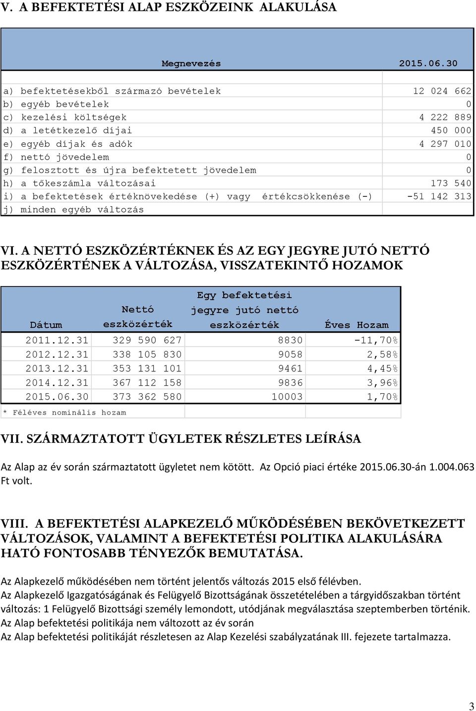 felosztott és újra befektetett jövedelem 0 h) a tőkeszámla változásai 173 540 i) a befektetések értéknövekedése (+) vagy értékcsökkenése (-) -51 142 313 j) minden egyéb változás VI.