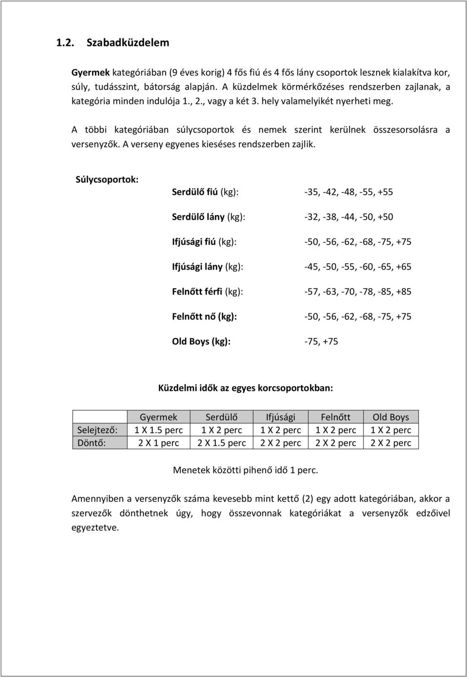 A többi kategóriában súlycsoportok és nemek szerint kerülnek összesorsolásra a versenyzők. A verseny egyenes kieséses rendszerben zajlik.