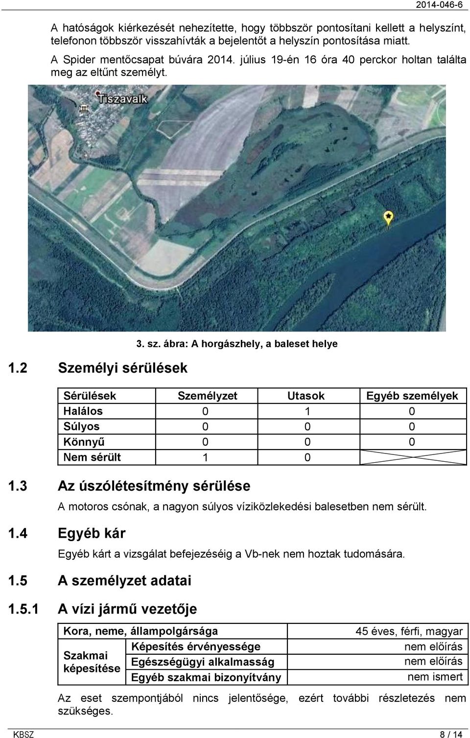 mélyt. 1.2 Személyi sérülések 3. sz. ábra: A horgászhely, a baleset helye Sérülések Személyzet Utasok Egyéb személyek Halálos 0 1 0 Súlyos 0 0 0 Könnyű 0 0 0 Nem sérült 1 0 1.