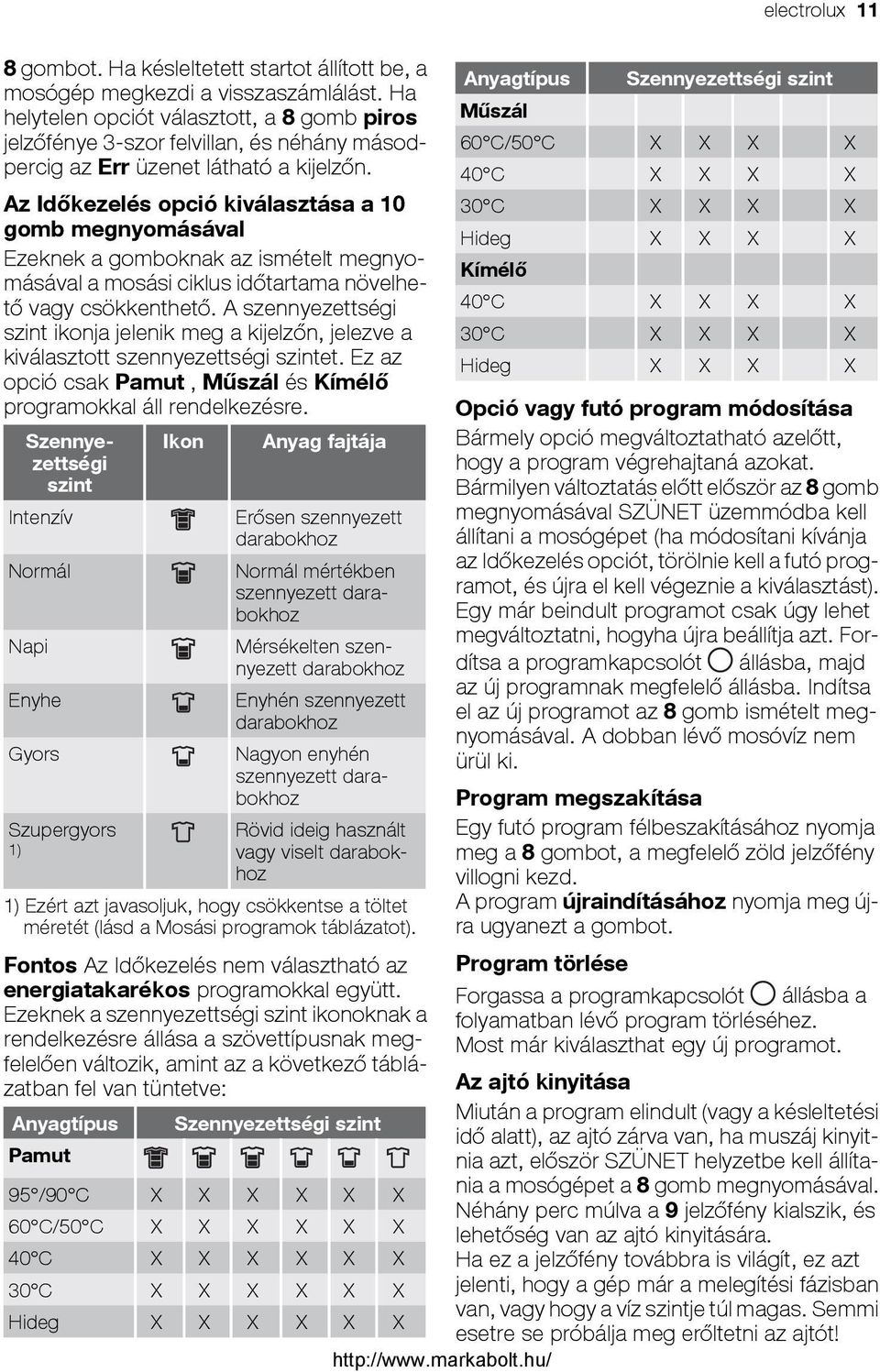 Az Időkezelés opció kiválasztása a 10 gomb megnyomásával Ezeknek a gomboknak az ismételt megnyomásával a mosási ciklus időtartama növelhető vagy csökkenthető.