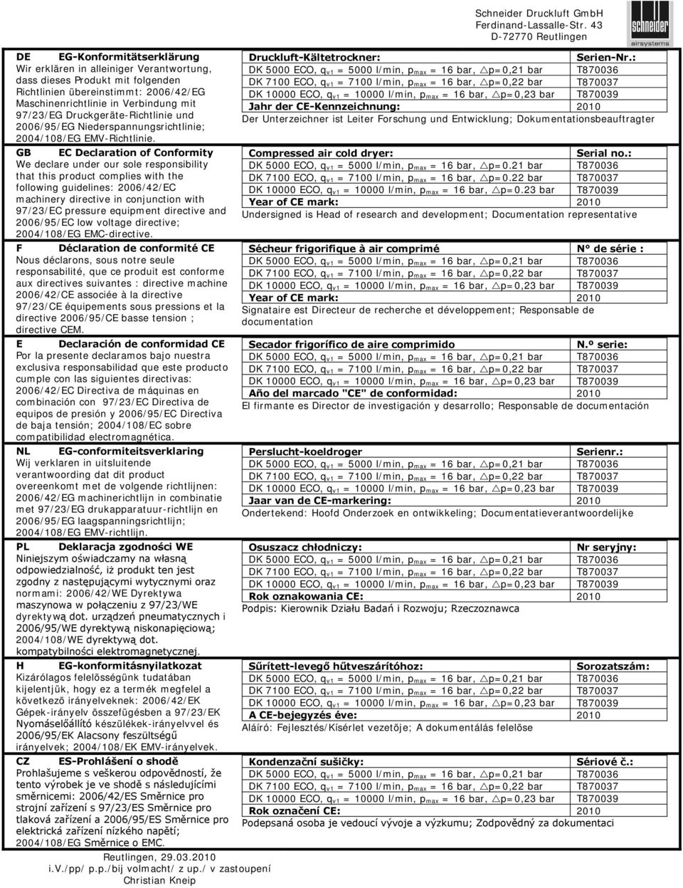 GB EC Declaration of Conformity We declare under our sole responsibility that this product complies with the following guidelines: 2006/42/EC machinery directive in conjunction with 97/23/EC pressure