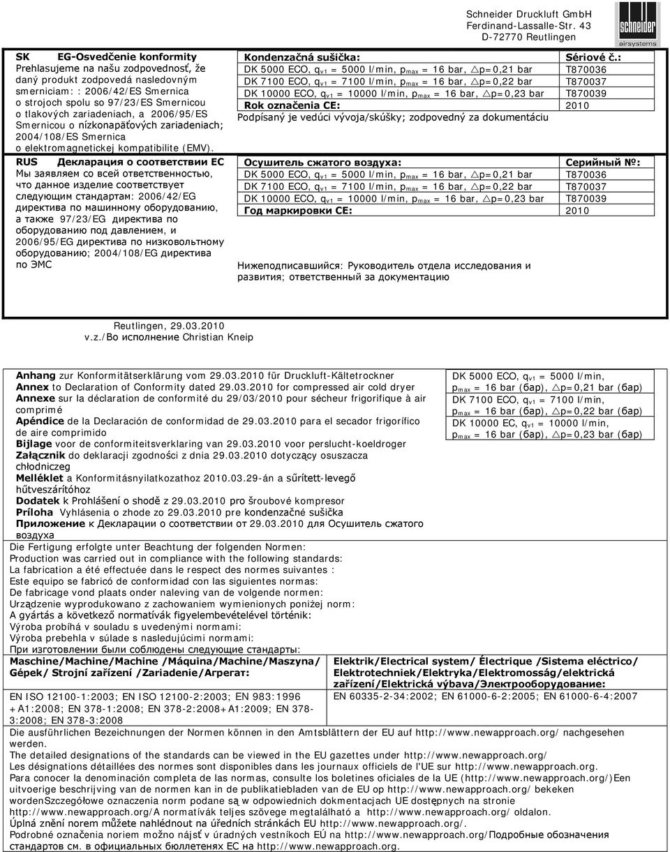 tlakových zariadeniach, a 2006/95/ES Smernicou o nízkonapäťových zariadeniach; 2004/108/ES Smernica o elektromagnetickej kompatibilite (EMV).