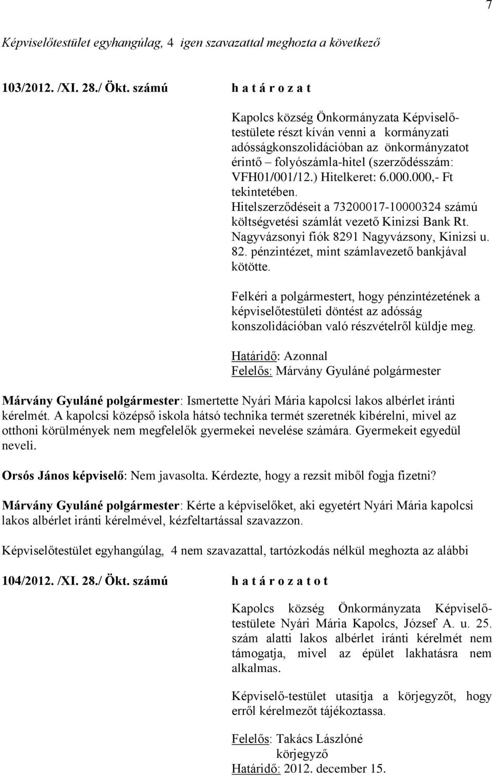 Hitelszerződéseit a 73200017-10000324 számú költségvetési számlát vezető Kinizsi Bank Rt. Nagyvázsonyi fiók 8291 Nagyvázsony, Kinizsi u. 82. pénzintézet, mint számlavezető bankjával kötötte.