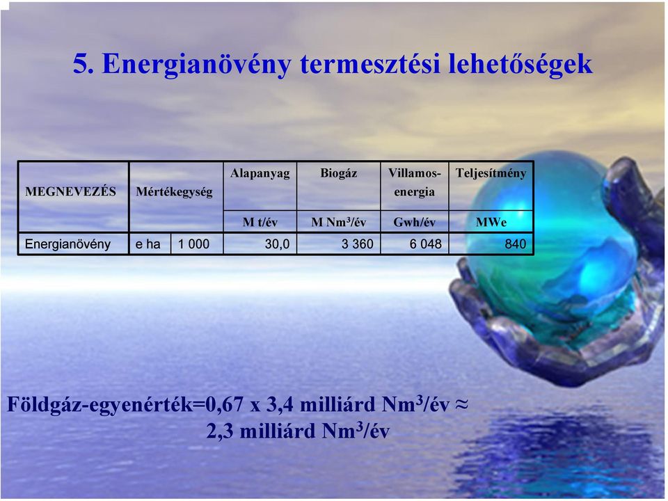 t/év M Nm 3 /év Gwh/év MWe Energianövény e ha 1 000 30,0 3 360