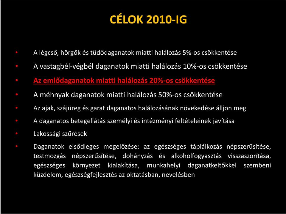 betegellátás személyi és intézményi feltételeinek javítása Lakossági szűrések Daganatok elsődleges megelőzése: az egészséges táplálkozás népszerűsítése, testmozgás