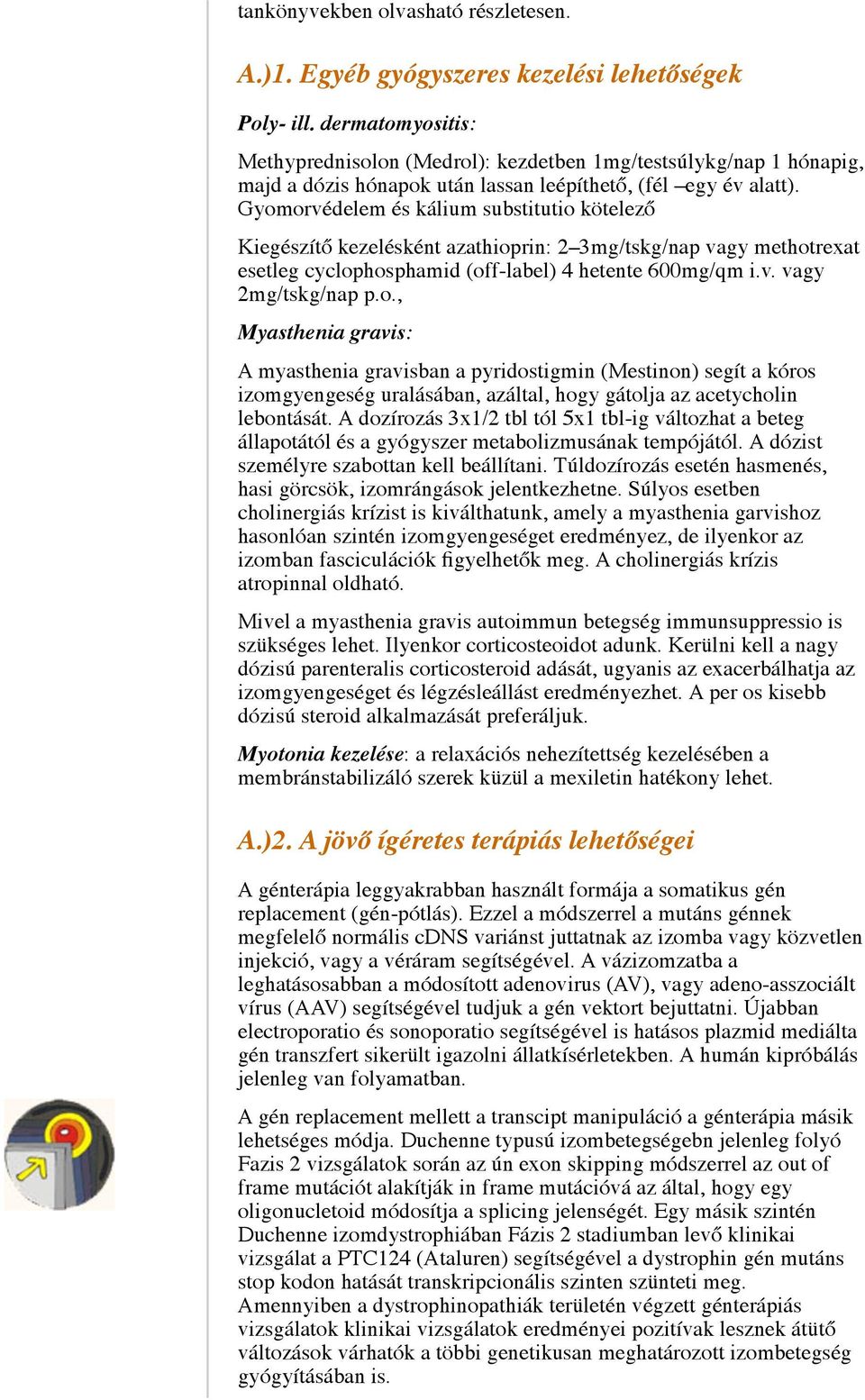 Gyomorvédelem és kálium substitutio kötelező Kiegészítő kezelésként azathioprin: 2 3mg/tskg/nap vagy methotrexat esetleg cyclophosphamid (off-label) 4 hetente 600mg/qm i.v. vagy 2mg/tskg/nap p.o., Myasthenia gravis: A myasthenia gravisban a pyridostigmin (Mestinon) segít a kóros izomgyengeség uralásában, azáltal, hogy gátolja az acetycholin lebontását.