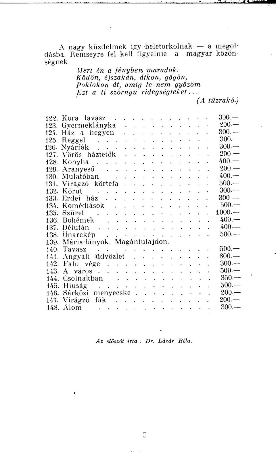 Reggel 300. 126. Nyárfák 300. 127. Vörös háztetők 200. 128. Konyha 400 129. Aranyeső 200 130- Mulatóban 400. 131. Virágzó körtefa.......... 500-132. Körút 300-133. Erdei ház 300-134. Komédiások 500.