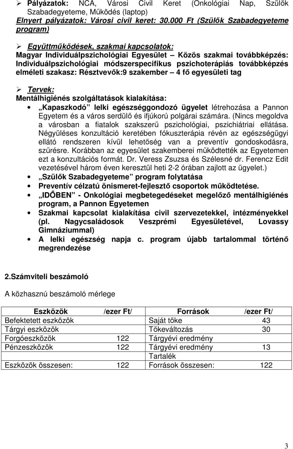 pszichoterápiás továbbképzés elméleti szakasz: Résztvevık:9 szakember 4 fı egyesületi tag Tervek: Mentálhigiénés szolgáltatások kialakítása: Kapaszkodó lelki egészséggondozó ügyelet létrehozása a