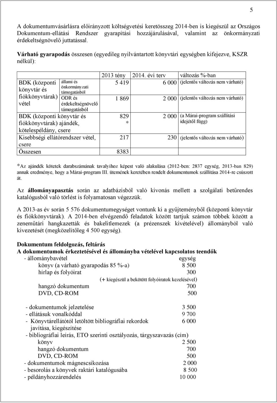 Várható gyarapodás összesen (egyedileg nyilvántartott könyvtári egységben kifejezve, KSZR nélkül): BDK (központi könyvtár és fiókkönyvtárak) vétel állami és önkormányzati támogatásból ODR és
