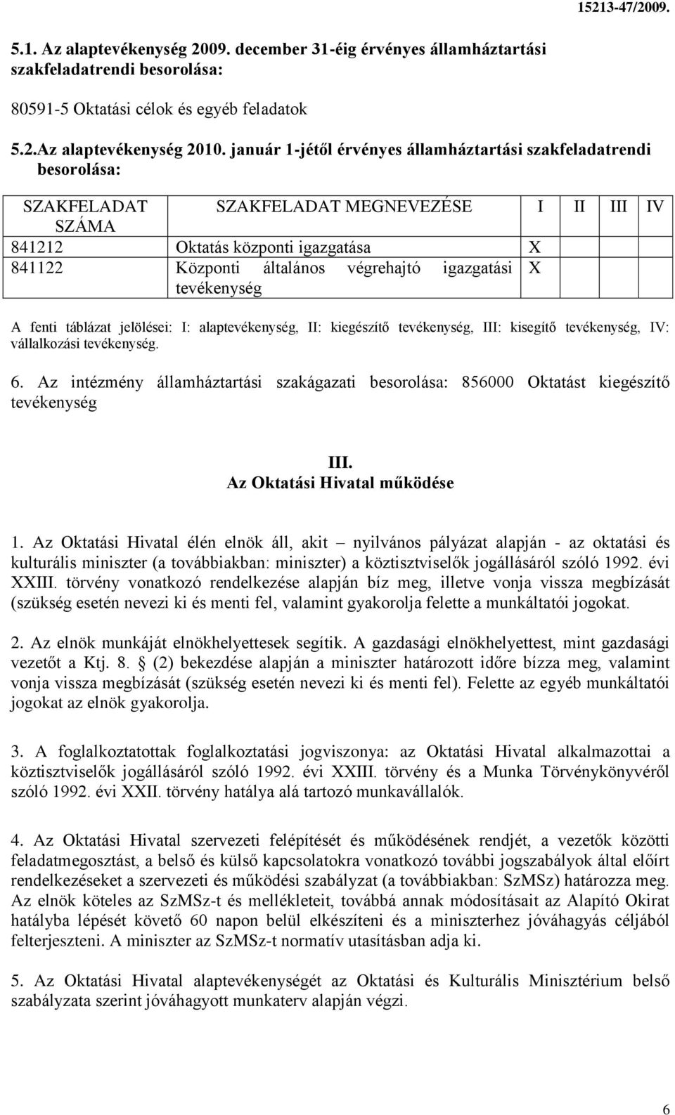 igazgatási X tevékenység A fenti táblázat jelölései: I: alaptevékenység, II: kiegészítő tevékenység, III: kisegítő tevékenység, IV: vállalkozási tevékenység. 6.