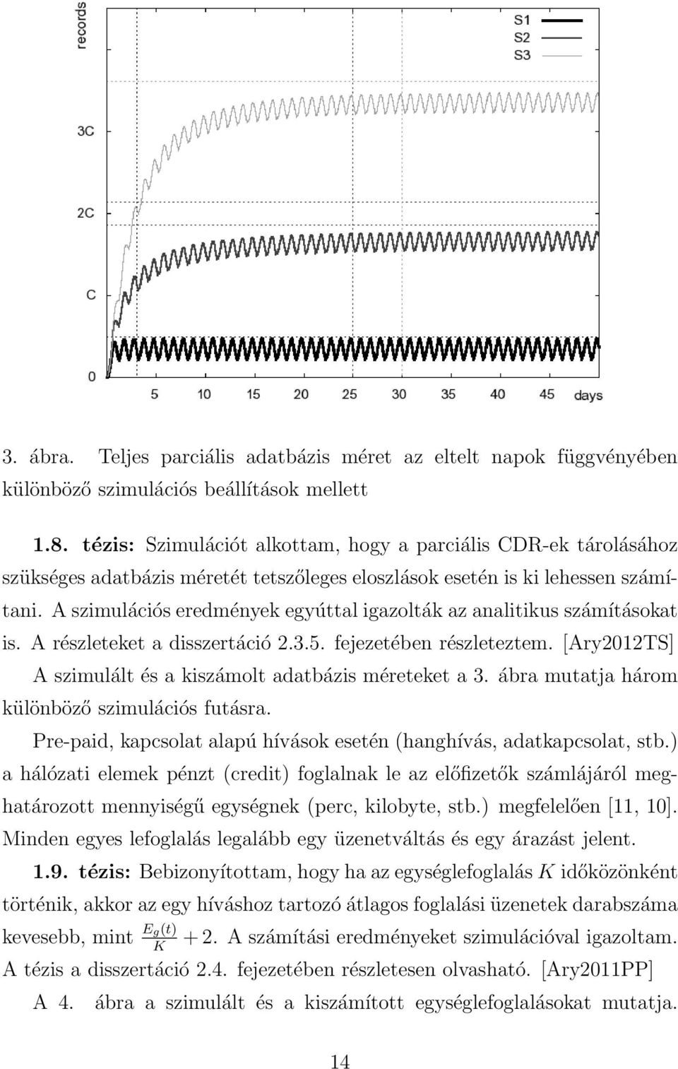 A szimulációs eredmények egyúttal igazolták az analitikus számításokat is. A részleteket a disszertáció 2.3.5. fejezetében részleteztem. [Ary2012TS] A szimulált és a kiszámolt adatbázis méreteket a 3.