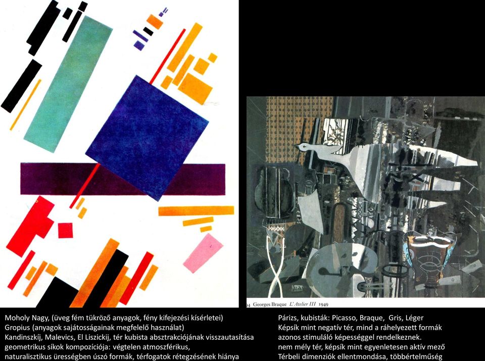 ürességben úszó formák, térfogatok rétegzésének hiánya Párizs, kubisták: Picasso, Braque, Gris, Léger Képsík mint negatív tér, mind a