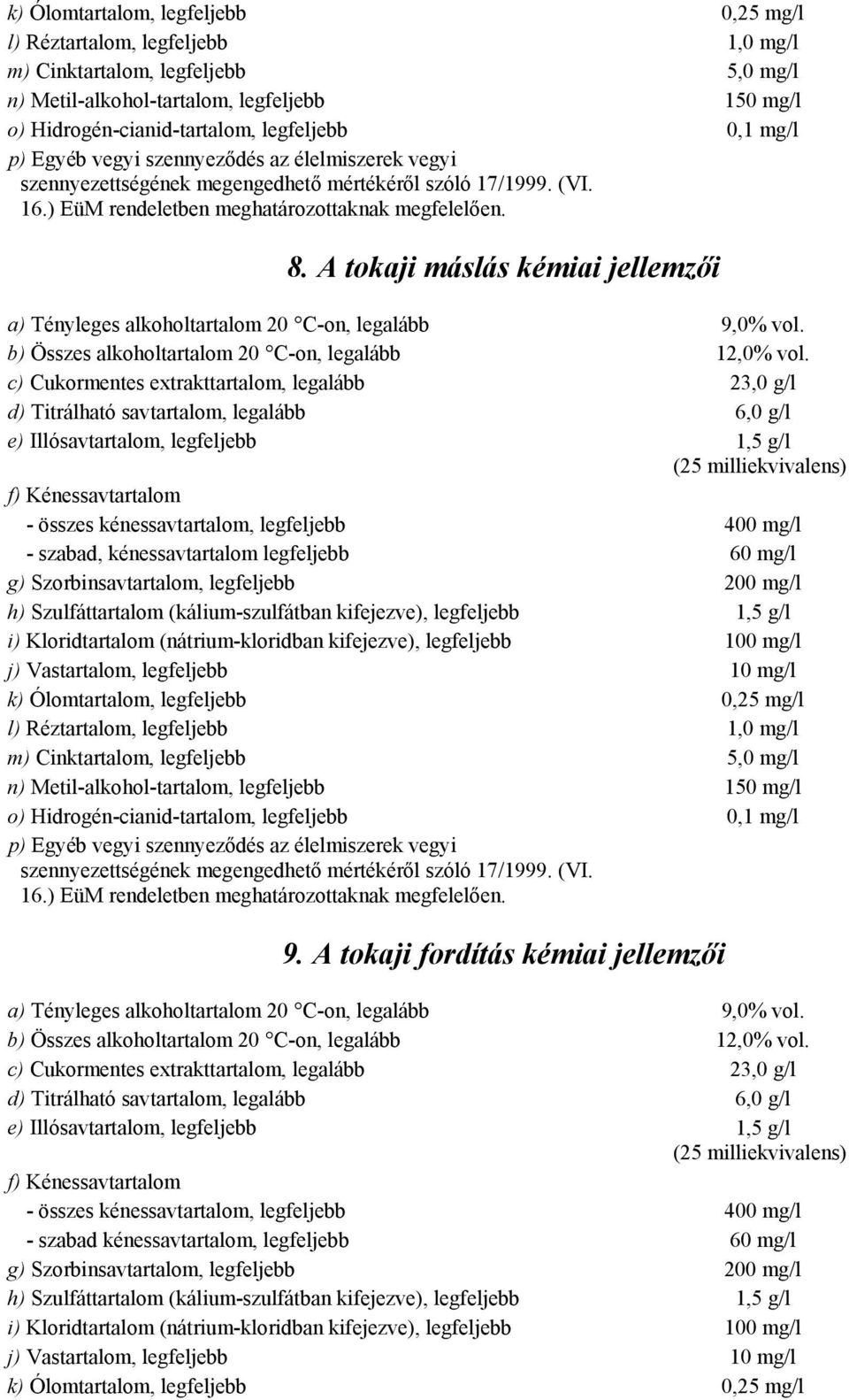 A tokaji máslás kémiai jellemzői a) Tényleges alkoholtartalom 20 C-on, legalább 9,0% vol. b) Összes alkoholtartalom 20 C-on, legalább 12,0% vol.