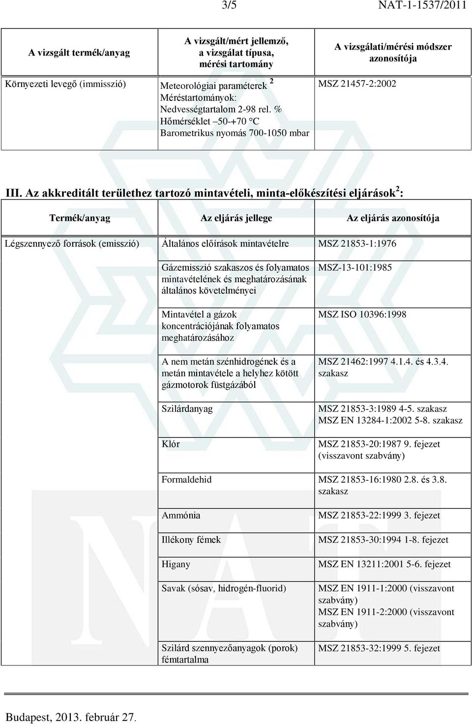 Az akkreditált területhez tartozó mintavételi, minta-elõkészítési eljárások 2 : Termék/anyag Az eljárás jellege Az eljárás Légszennyezõ források (emisszió) Általános elõírások mintavételre MSZ