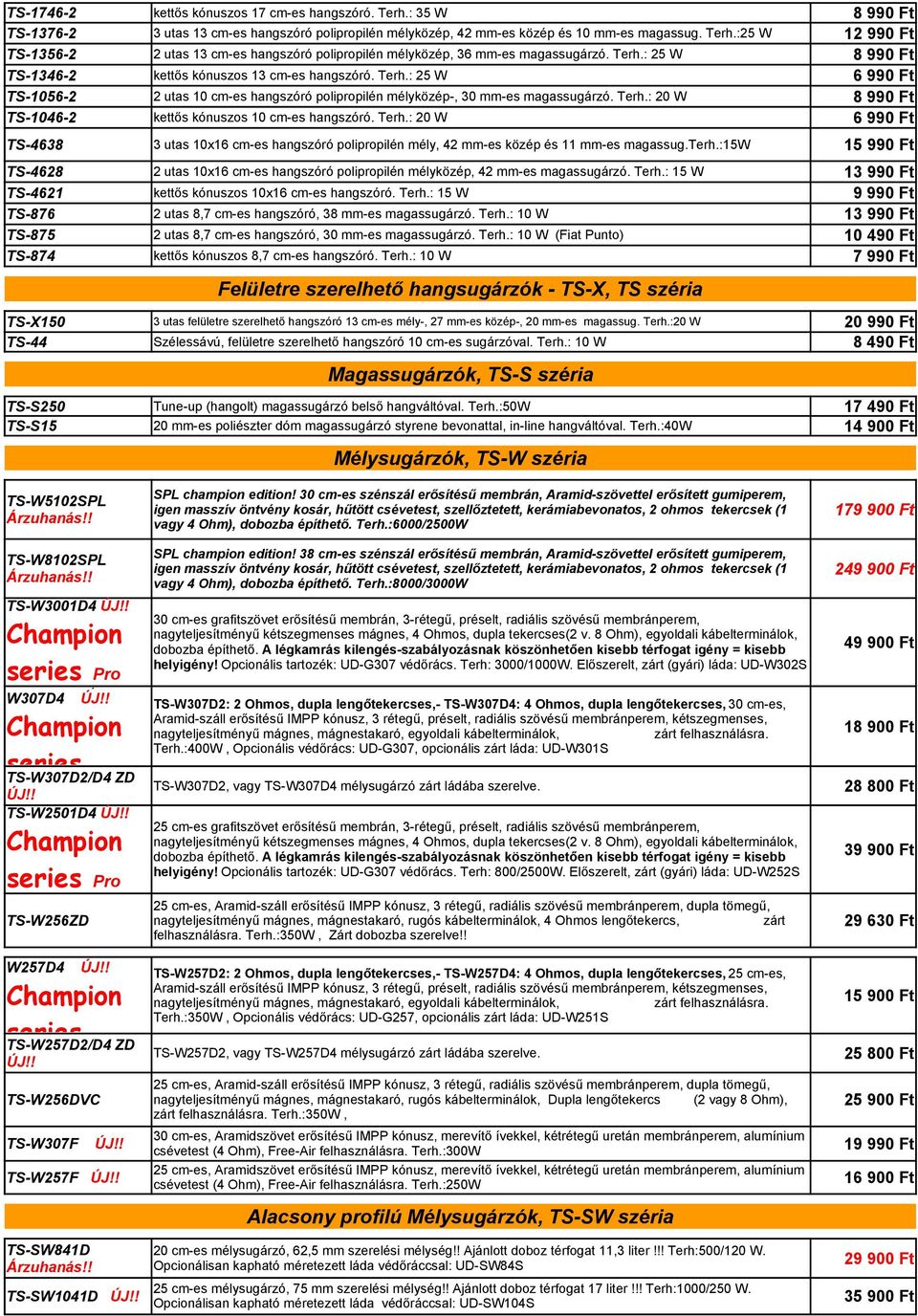 Terh.: 20 W 6 990 Ft TS-4638 3 utas 10x16 cm-es hangszóró polipropilén mély, 42 mm-es közép és 11 mm-es magassug.terh.