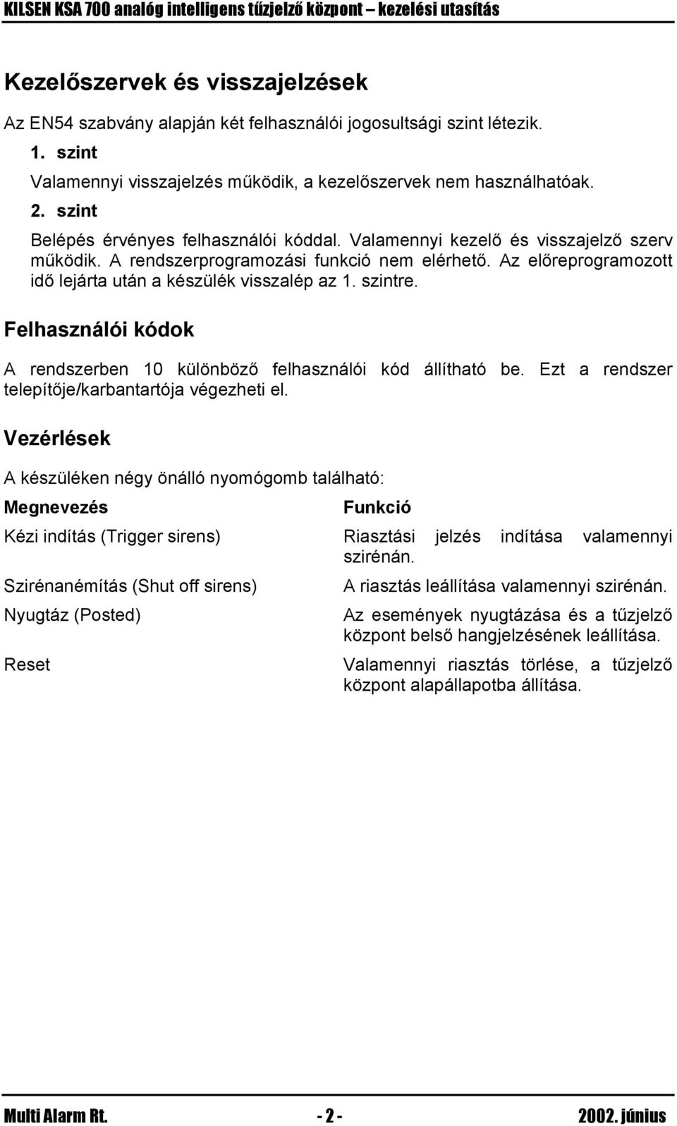 Az előreprogramozott idő lejárta után a készülék visszalép az 1. szintre. Felhasználói kódok A rendszerben 10 különböző felhasználói kód állítható be.