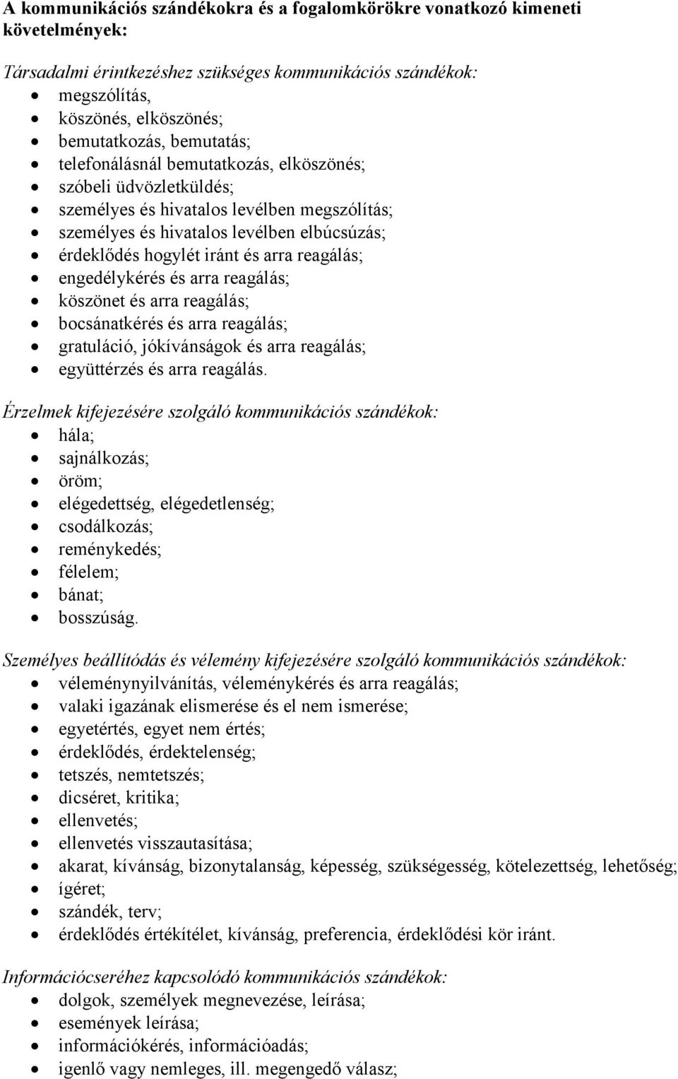 reagálás; engedélykérés és arra reagálás; köszönet és arra reagálás; bocsánatkérés és arra reagálás; gratuláció, jókívánságok és arra reagálás; együttérzés és arra reagálás.