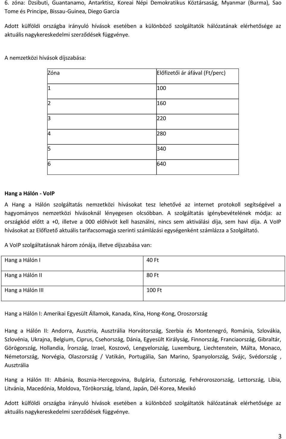 A nemzetközi hívások díjszabása: Zóna Előfizetői ár áfával (Ft/perc) 1 100 2 160 3 220 4 280 5 340 6 640 Hang a Hálón - VoIP A Hang a Hálón szolgáltatás nemzetközi hívásokat tesz lehetővé az internet