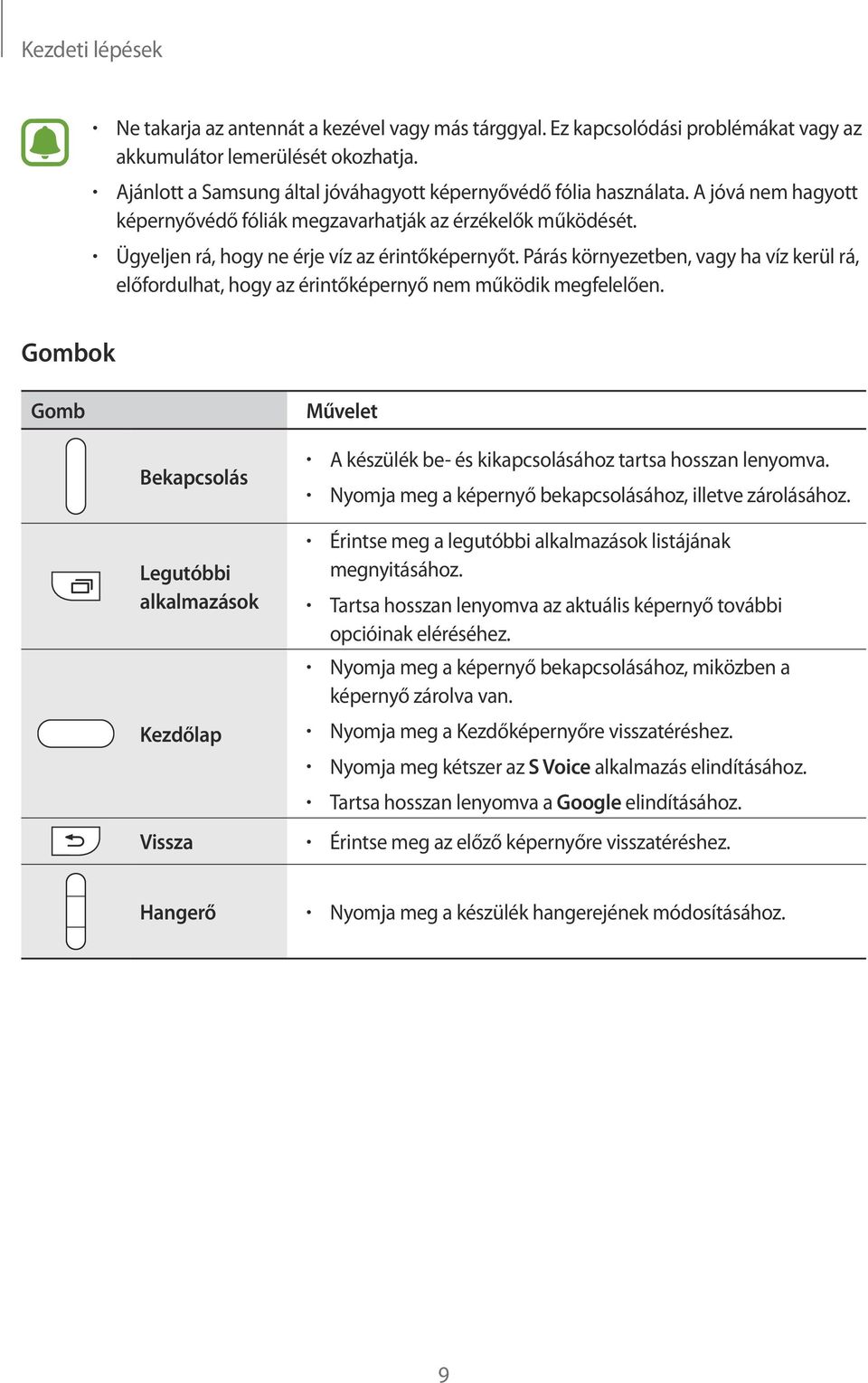 Párás környezetben, vagy ha víz kerül rá, előfordulhat, hogy az érintőképernyő nem működik megfelelően.