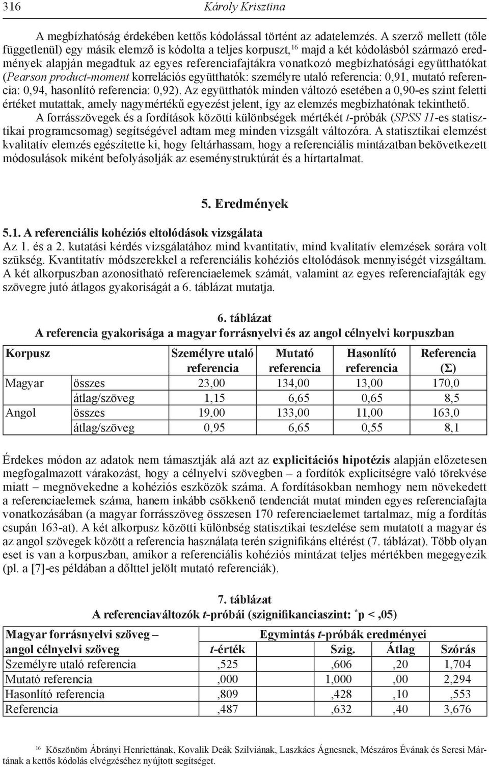 együtthatókat (Pearson product-moment korrelációs együtthatók: személyre utaló referencia: 0,91, mutató referencia: 0,94, hasonlító referencia: 0,92).
