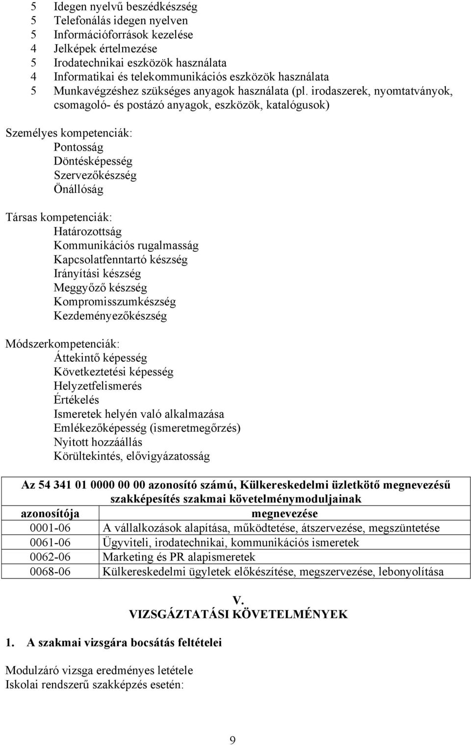 irodaszerek, nyomtatványok, csomagoló- és postázó anyagok, eszközök, katalógusok) Személyes kompetenciák: Pontosság Döntésképesség Szervezőkészség Önállóság Társas kompetenciák: Határozottság