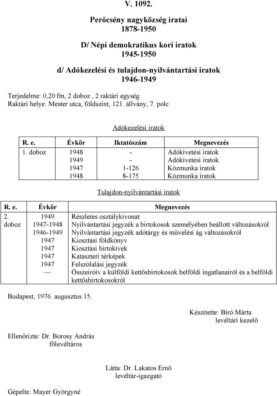 doboz 948 947 948 - - -26 8-75 Adókivetési iratok Adókivetési iratok Közmunka iratok Közmunka iratok Tulajdon-nyilvántartási iratok R. e. Évkör Megnevezés 2.