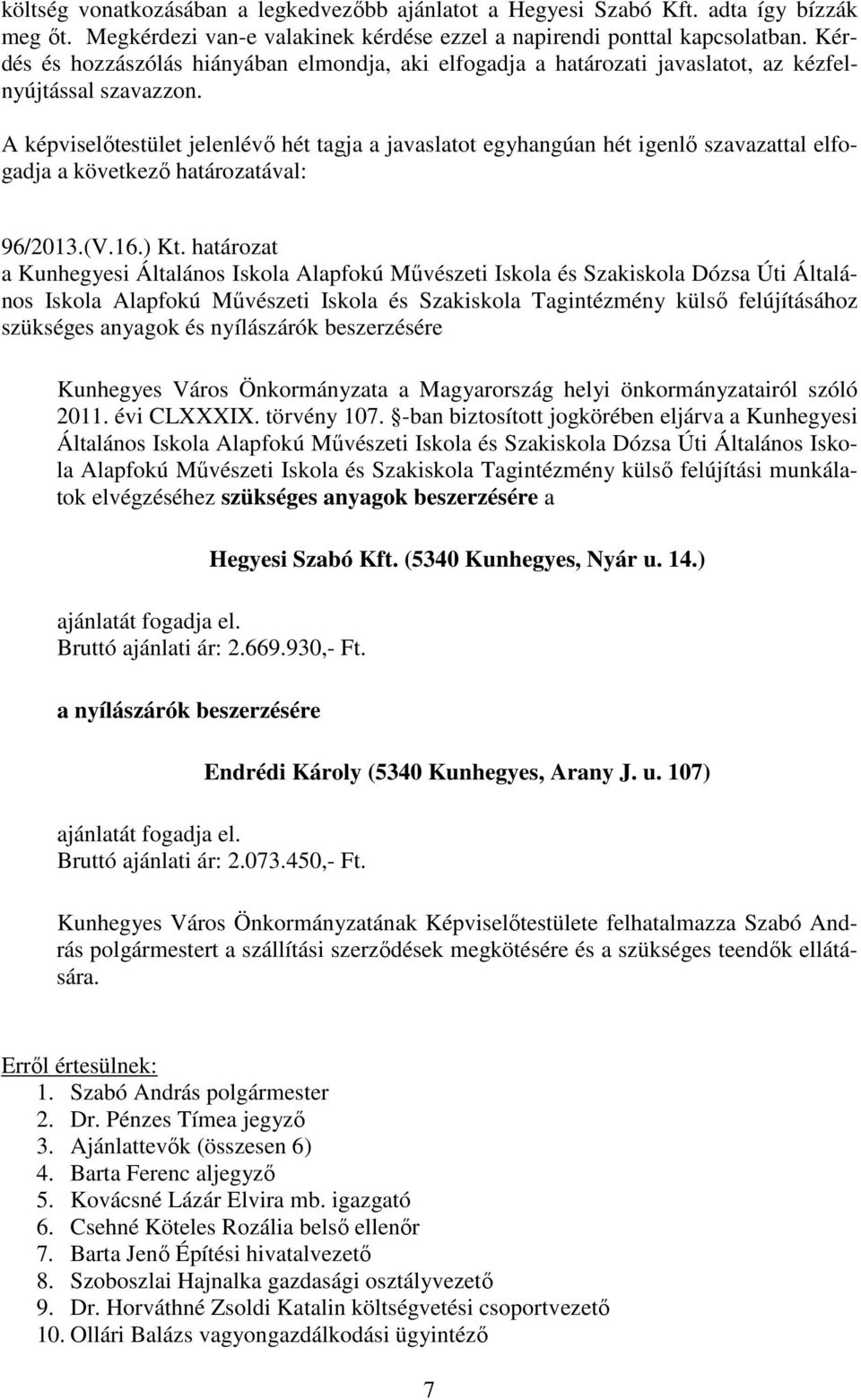 A képviselőtestület jelenlévő hét tagja a javaslatot egyhangúan hét igenlő szavazattal elfogadja a következő határozatával: 96/2013.(V.16.) Kt.